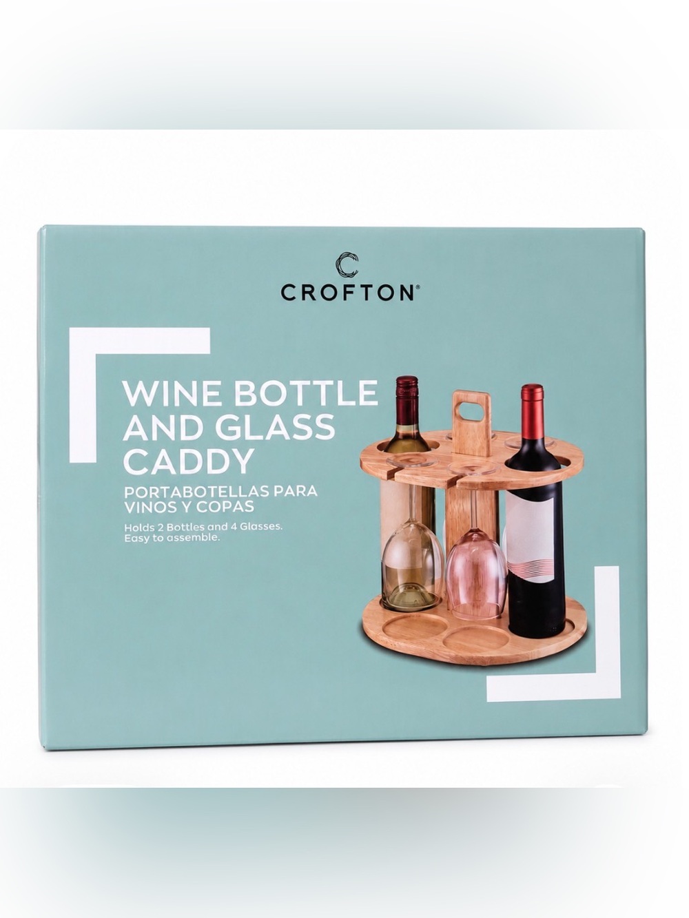 Crofton Wine Bottle & Glass Caddy | Bamboo Holds 2 Bottles & 4 Glasses | NIB - Picture 1 of 3